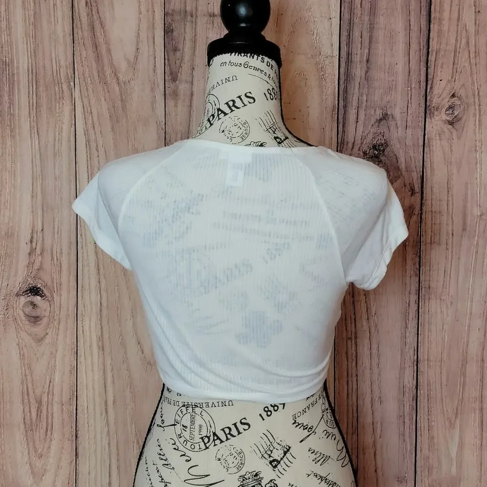 Forever 21 Ivory White Ribbed Button Up Crop Top, Sz S - Picture 3 of 8